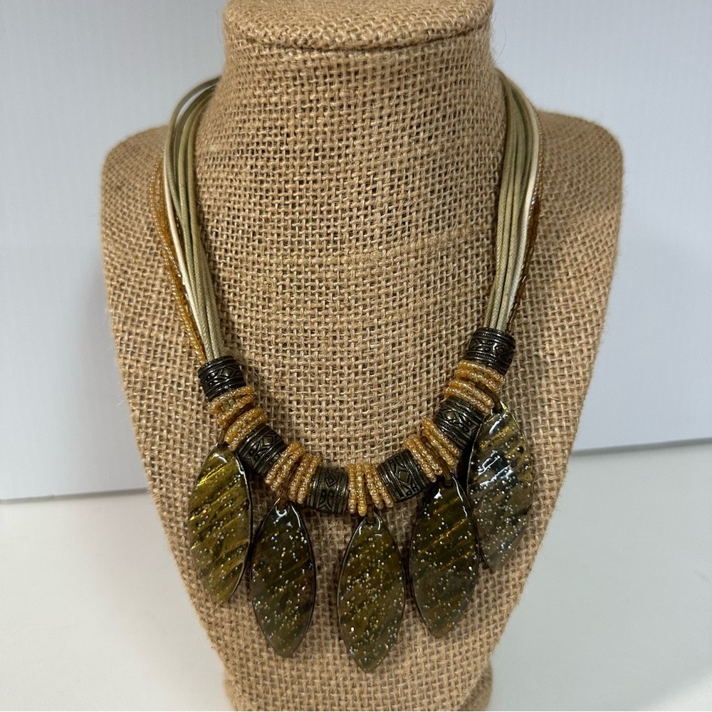 Avenue Multi-strand Seed Beads Laminated Boho Leaf Dangles Statement Necklace